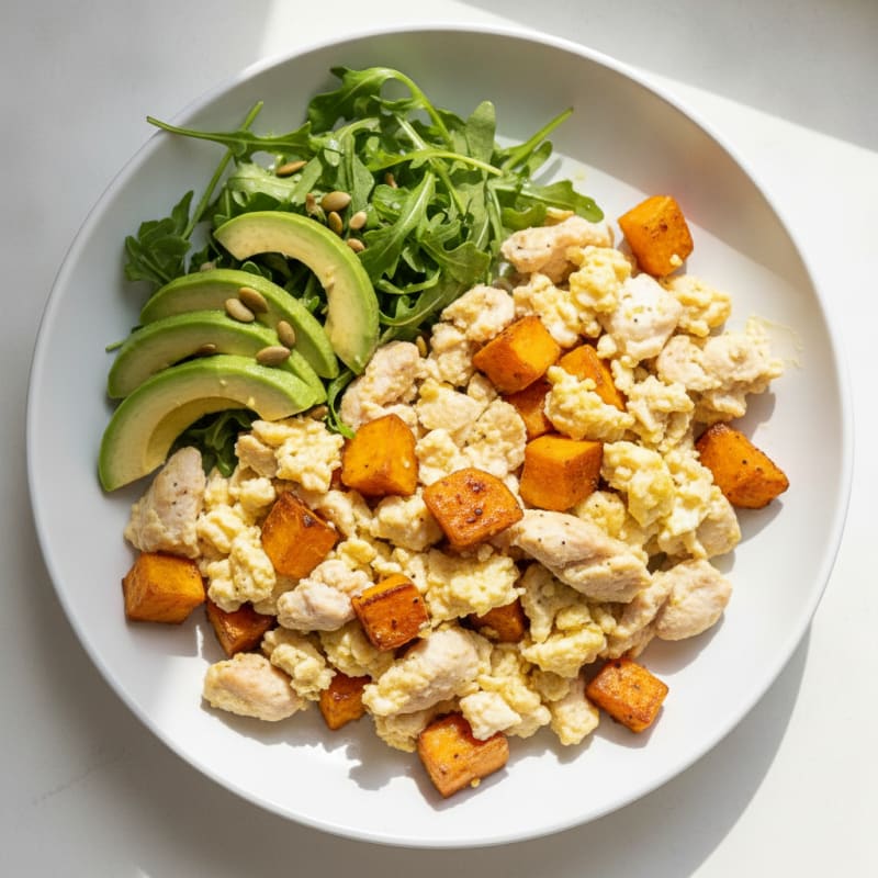 Egg White and Chicken Breast Scramble with Roasted Sweet Potatoes