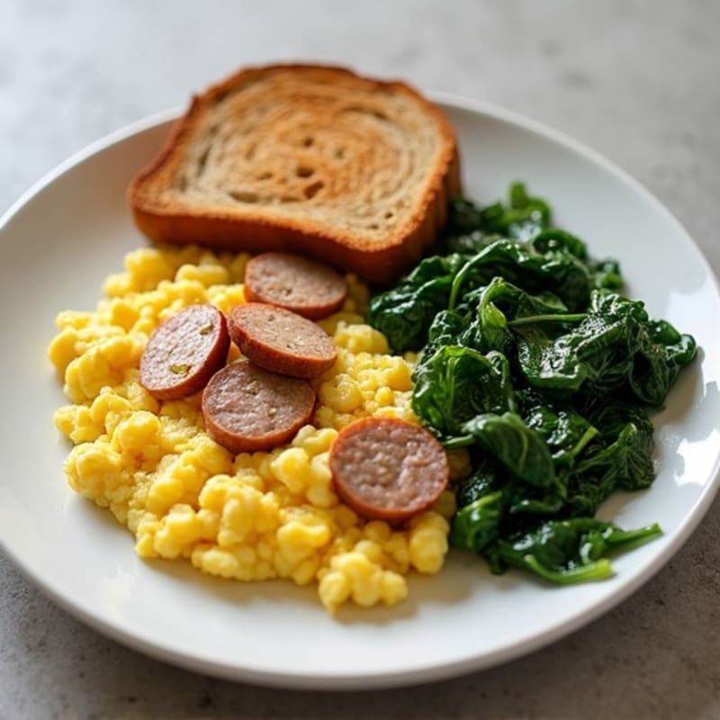 Egg White Scramble with Turkey Sausage and Sautéed Spinach