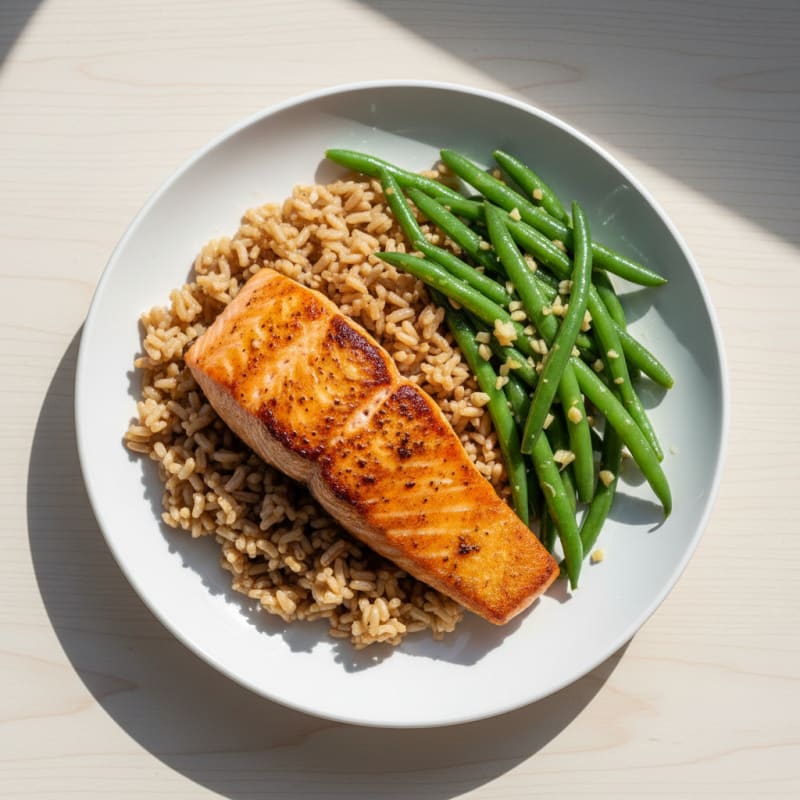 Seared Salmon Fillet with Garlic Green Beans and Brown Rice