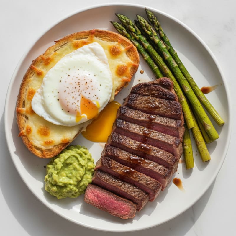 Seared Sirloin Steak with Roasted Vegetables and Cheesy Bread