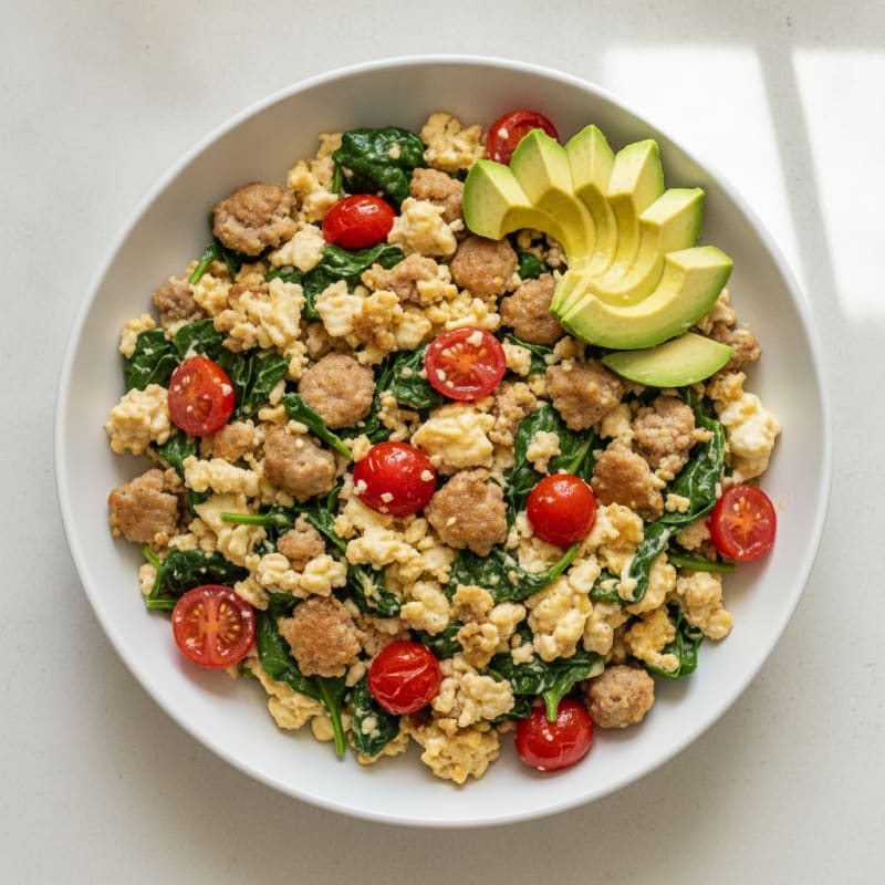 Egg White and Turkey Sausage Scramble with Spinach and Cherry Tomatoes