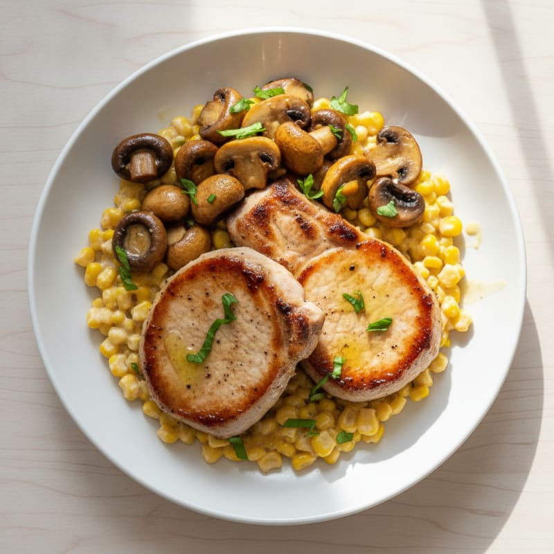 Seared Pork Chops with Creamy Corn and Sautéed Mushrooms