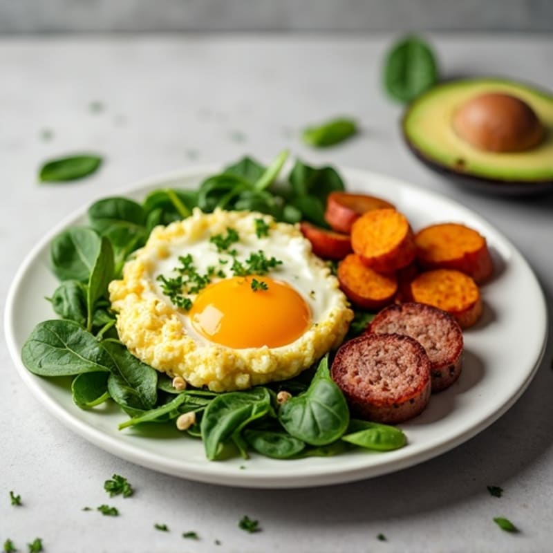 Egg White Spinach Scramble with Turkey Sausage and Roasted Sweet Potato
