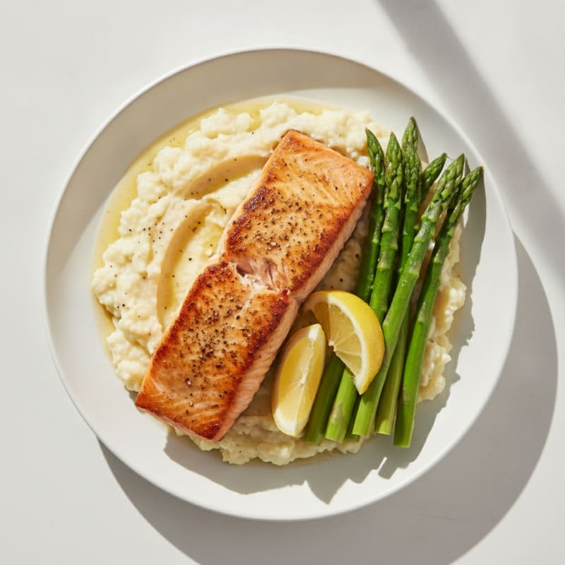 Seared Salmon with Steamed Asparagus and Garlic Cauliflower Mash