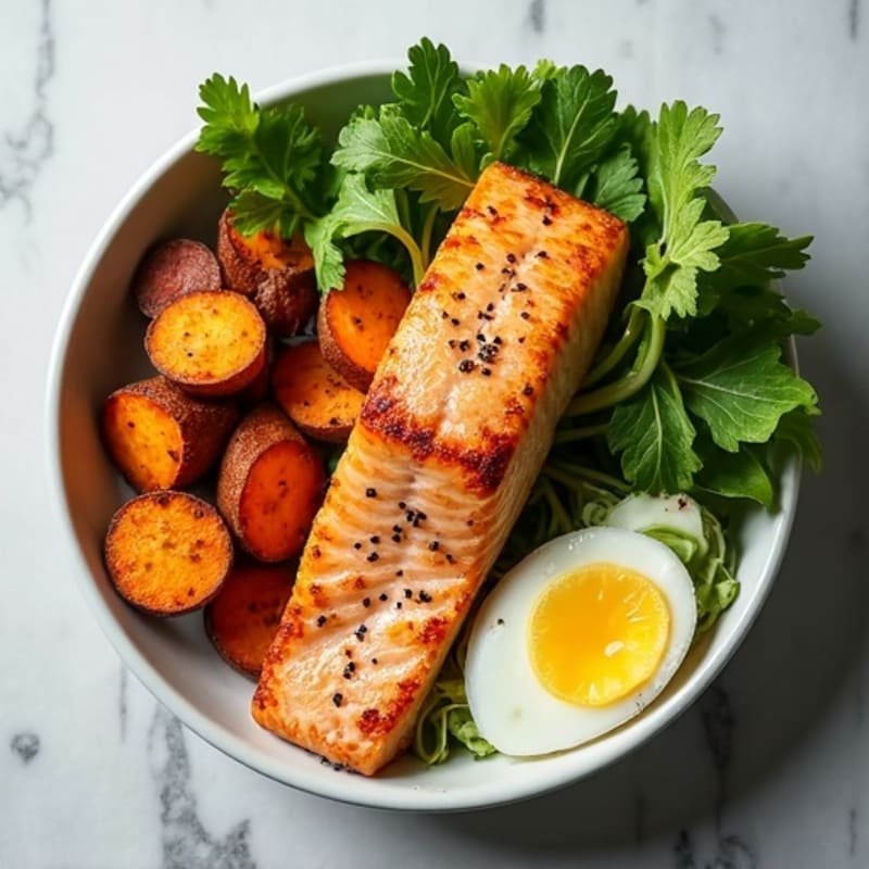Crispy Salmon Bowl with Roasted Sweet Potatoes and Fresh Greens