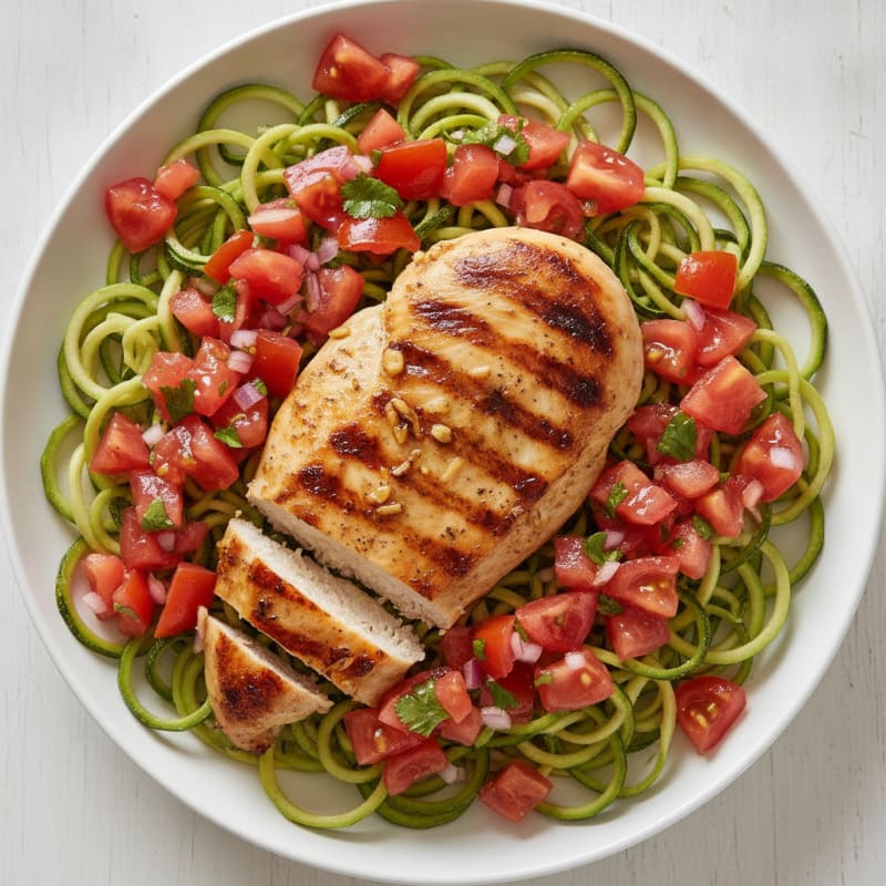 Grilled Chicken Breast with Zucchini Noodles and Tomato Salsa