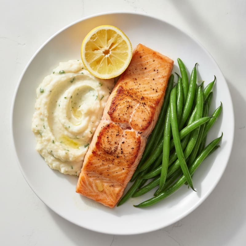 Seared Salmon Fillet with Steamed Green Beans and Garlic Cauliflower Mash