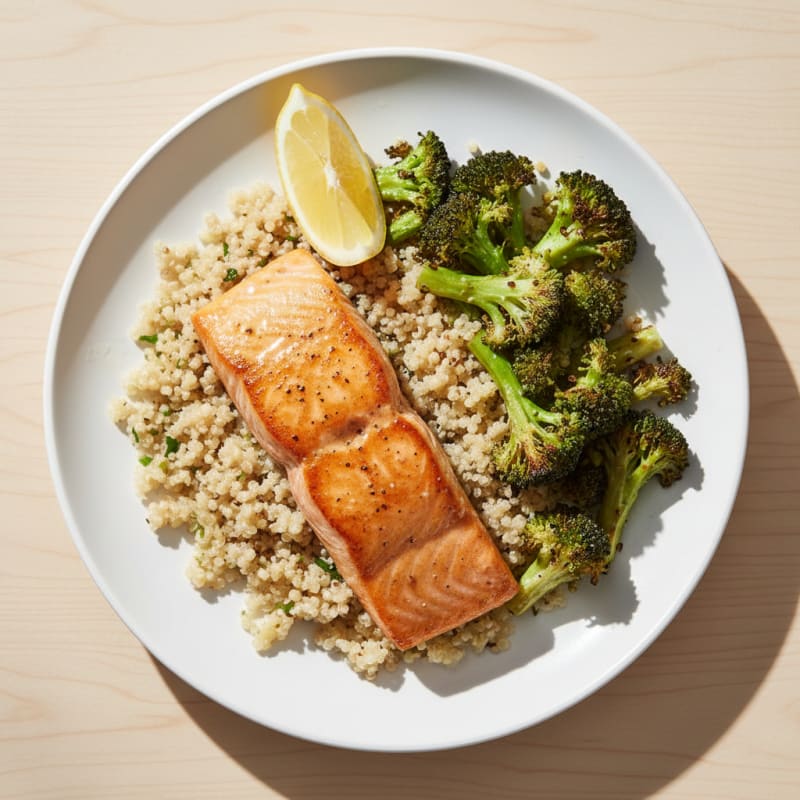 Seared Salmon Fillet with Roasted Broccoli and Quinoa