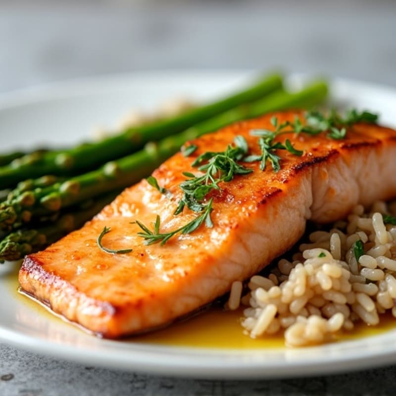 Seared Salmon Fillet with Steamed Asparagus and Brown Rice