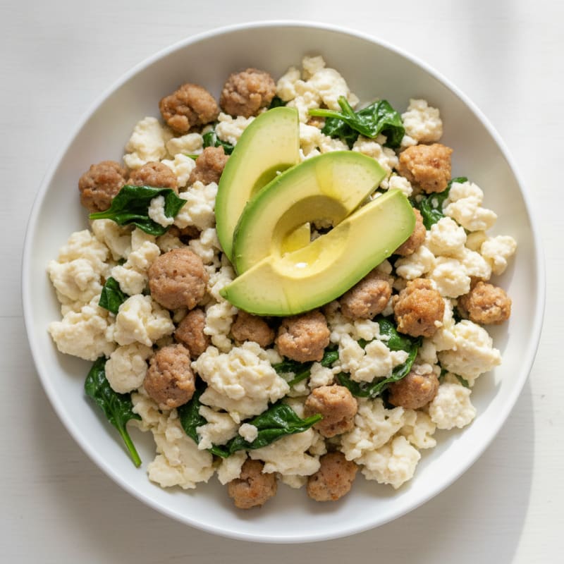 Egg White Scramble with Turkey Sausage and Sautéed Spinach