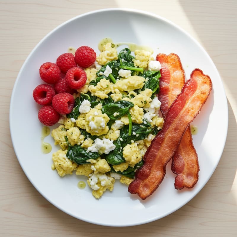 Cottage Cheese Scramble with Spinach and Turkey Bacon