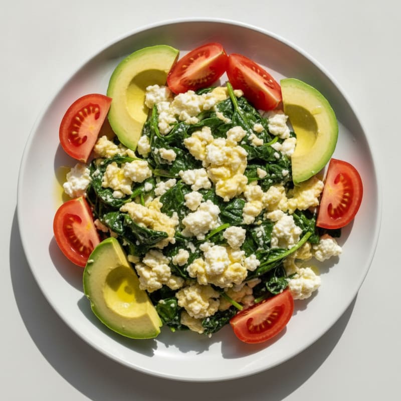 Egg White Spinach Scramble with Cottage Cheese and Fresh Tomatoes