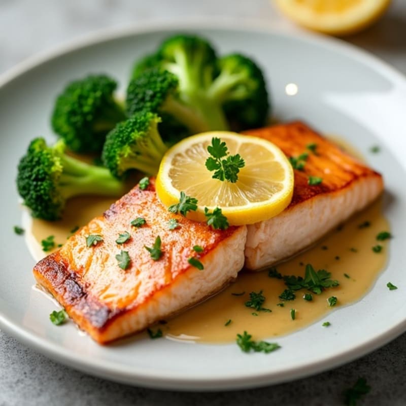 Seared Salmon Fillet with Steamed Broccoli and Lemon