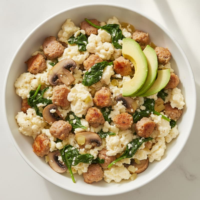 Egg White and Turkey Sausage Skillet with Spinach and Mushrooms