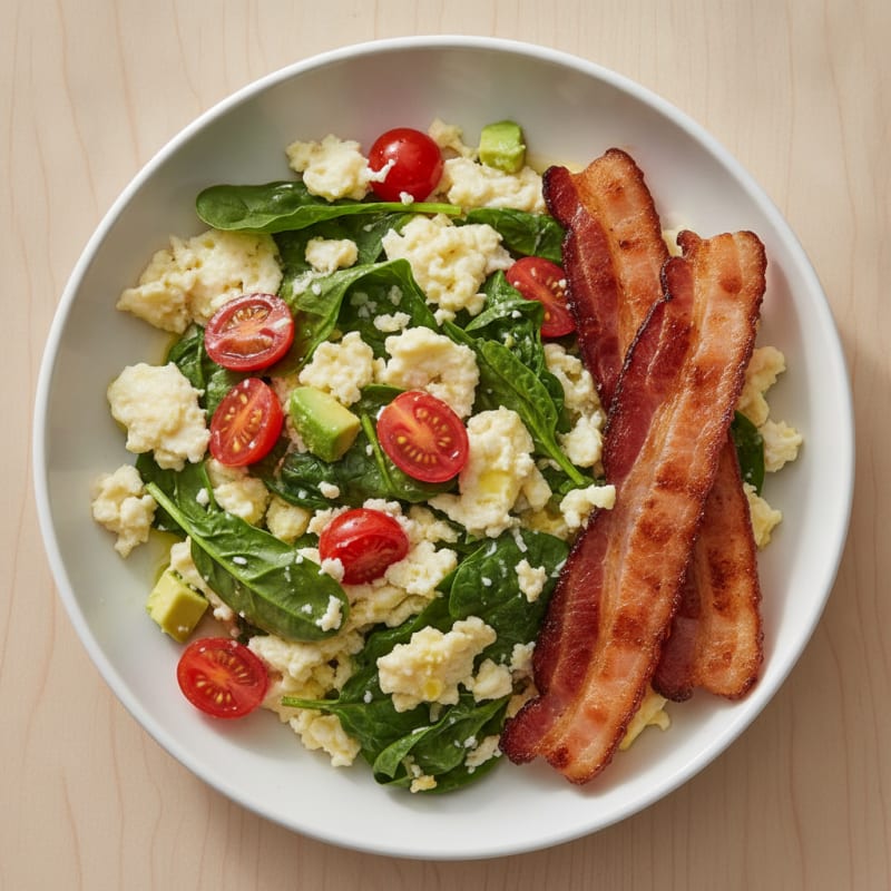 Egg White Spinach Scramble with Grilled Turkey Bacon