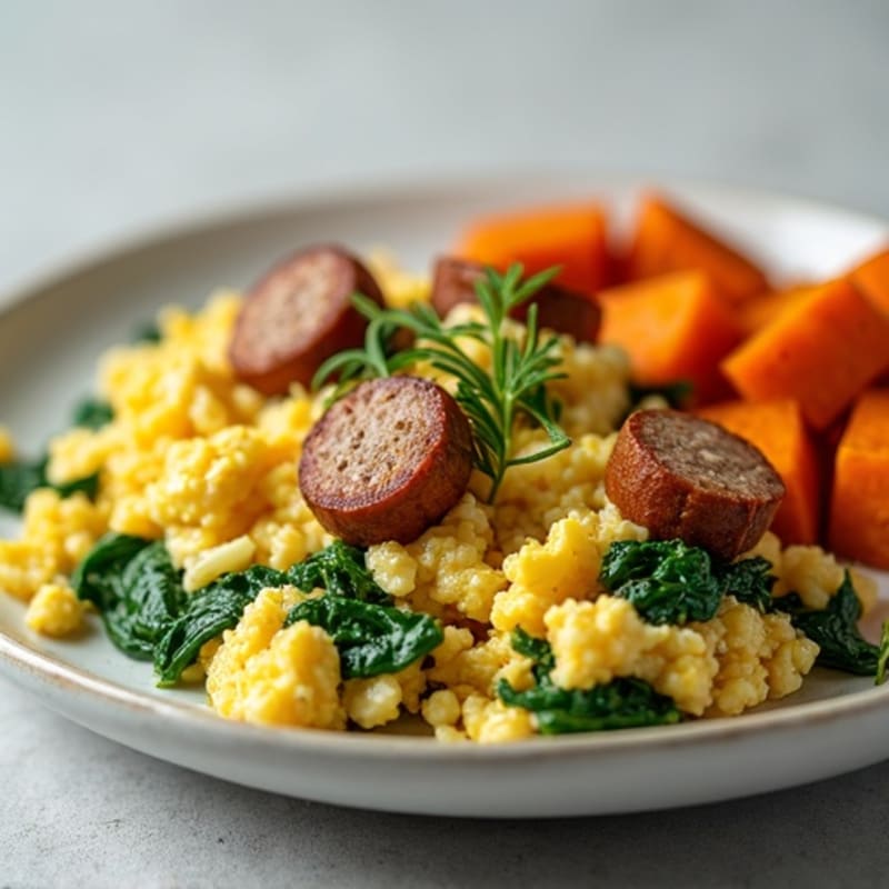 Egg White Spinach Scramble with Turkey Sausage and Roasted Sweet Potatoes