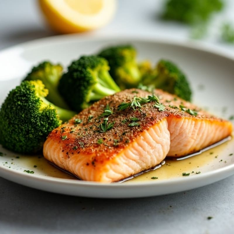 Herb-Crusted Pan Seared Salmon with Roasted Broccoli