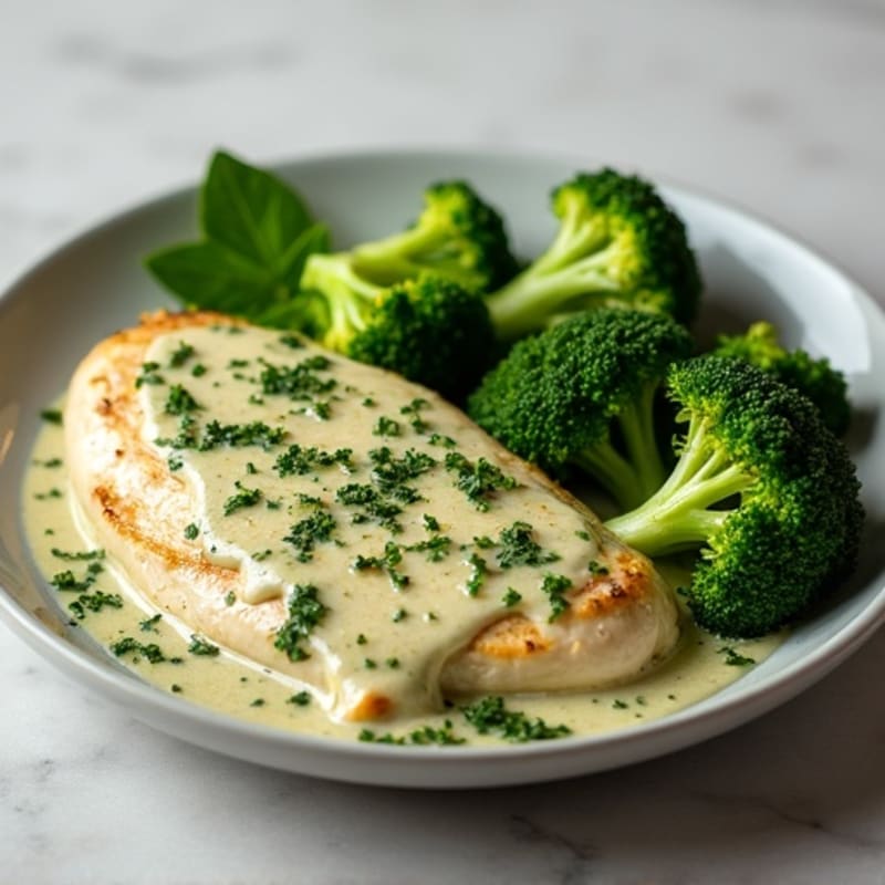 Creamy Pesto Chicken with Roasted Broccoli