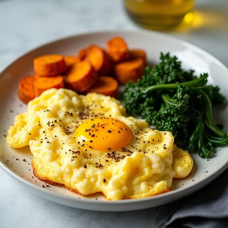 Fluffy Scrambled Eggs with Sautéed Greens and Crispy Sweet Potato Hash