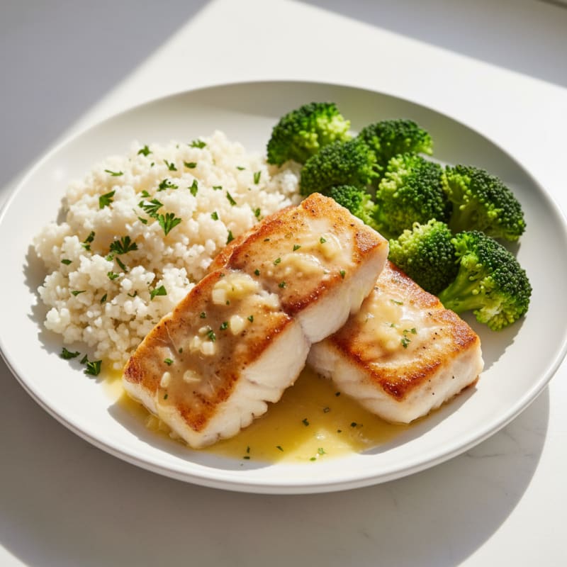 Seared Lemon-Garlic Cod with Steamed Broccoli and Cauliflower Rice
