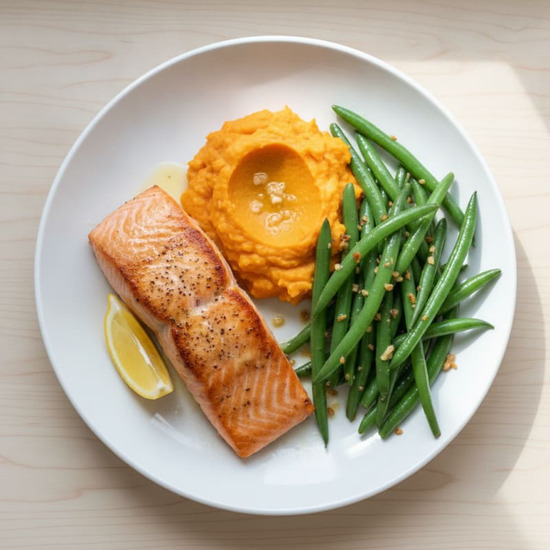 Seared Salmon with Garlic Green Beans and Sweet Potato Mash
