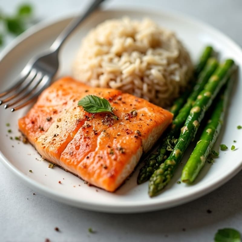 Seared Salmon with Steamed Asparagus and Brown Rice