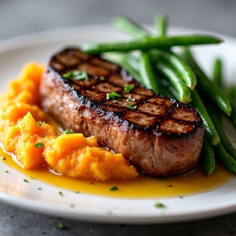 Seared Steak with Garlic Green Beans and Sweet Potato Mash