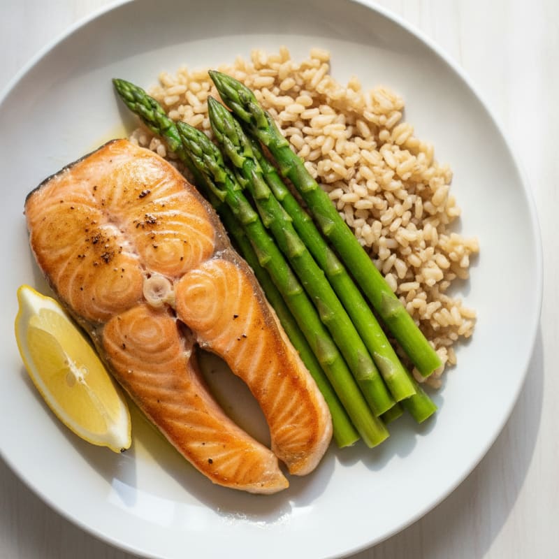 Seared Salmon Fillet with Steamed Asparagus and Brown Rice