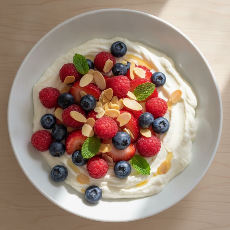 Silky Protein Greek Yogurt with Mixed Berries and Almonds
