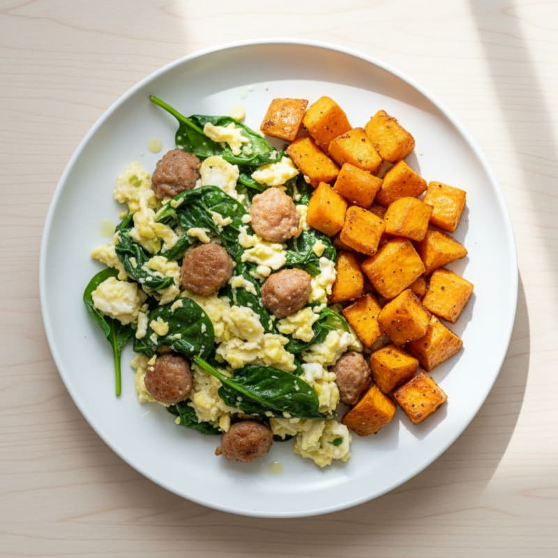 Egg White Spinach Scramble with Turkey Sausage and Roasted Sweet Potatoes