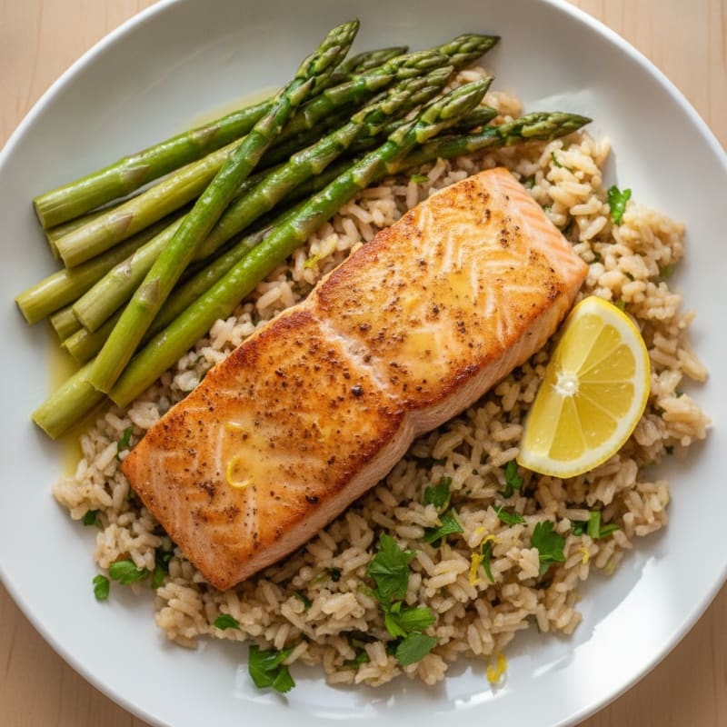 Seared Salmon with Steamed Asparagus and Lemon Herb Rice
