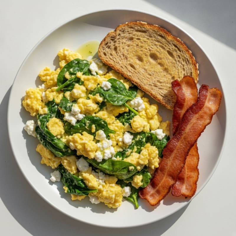 Cottage Cheese Egg Scramble with Spinach and Turkey Bacon