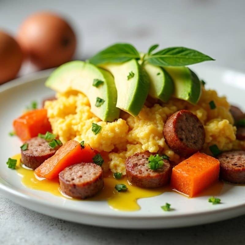 Egg White and Turkey Sausage Scramble with Roasted Sweet Potatoes