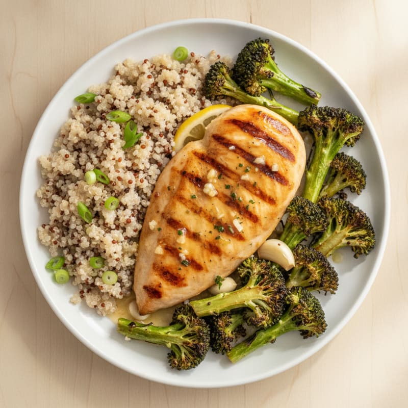 Grilled Lemon Chicken Breast with Quinoa and Roasted Broccoli