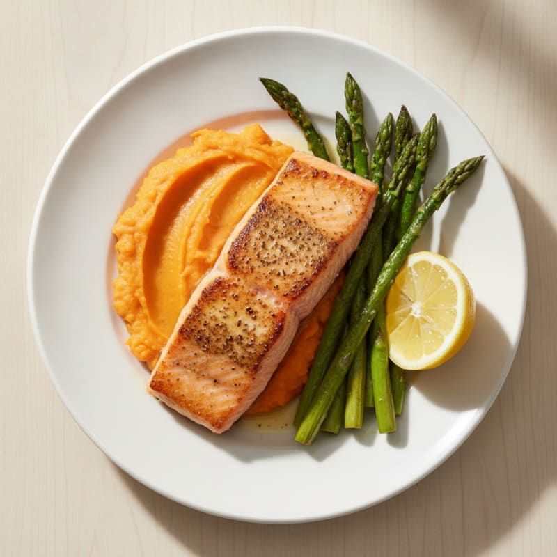 Seared Salmon Fillet with Roasted Asparagus and Sweet Potato Mash