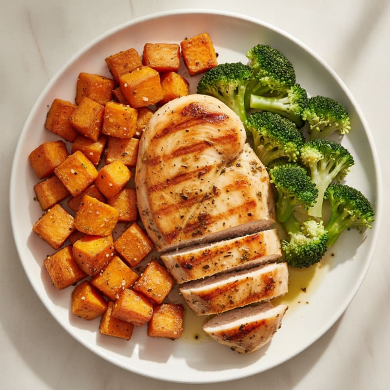 Grilled Chicken Breast with Roasted Sweet Potato and Steamed Broccoli