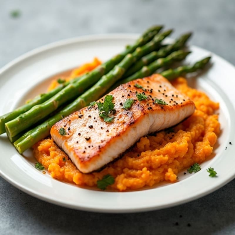 Seared Salmon Fillet with Roasted Asparagus and Sweet Potato Mash