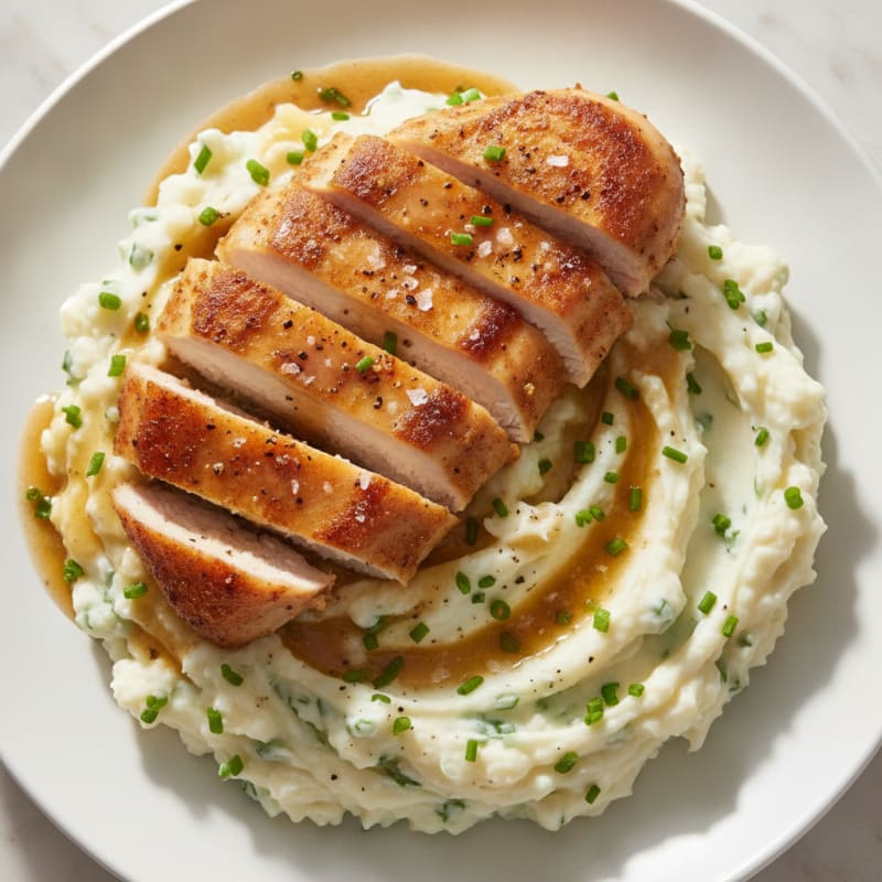 Garlic Mashed Potatoes with Chives and Pan-Seared Chicken