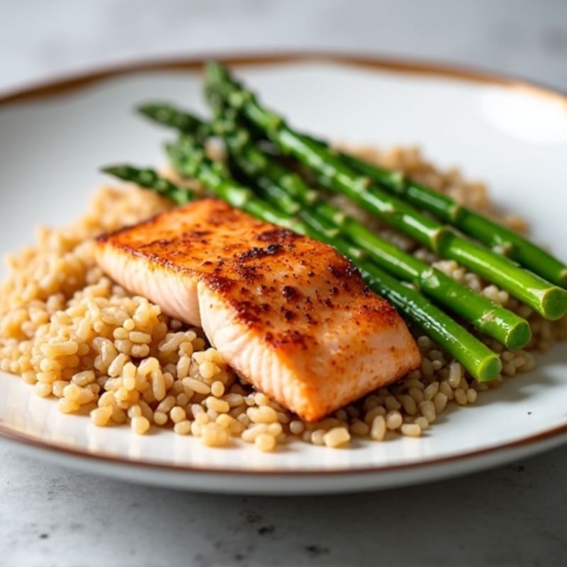 Seared Salmon Fillet with Steamed Asparagus and Brown Rice