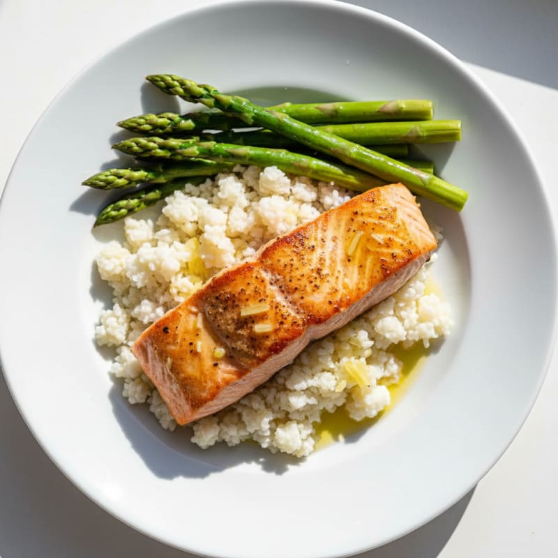 Seared Salmon with Steamed Asparagus and Cauliflower Rice