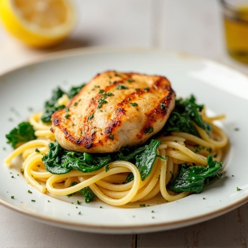 Lemon Garlic Capellini with Sautéed Spinach and Grilled Chicken