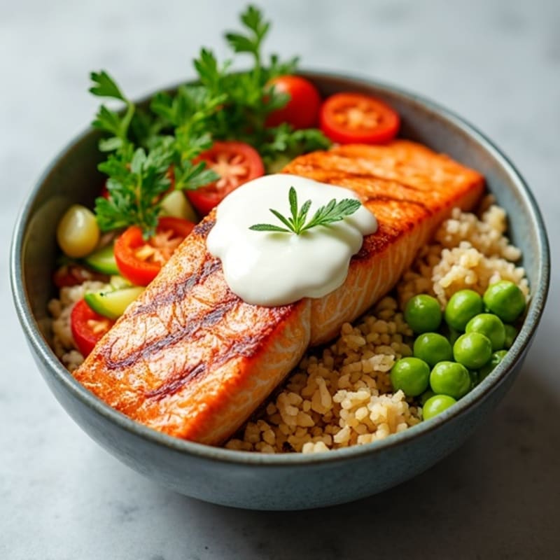 Crispy Rice Bowl with Seared Salmon and Fresh Vegetables