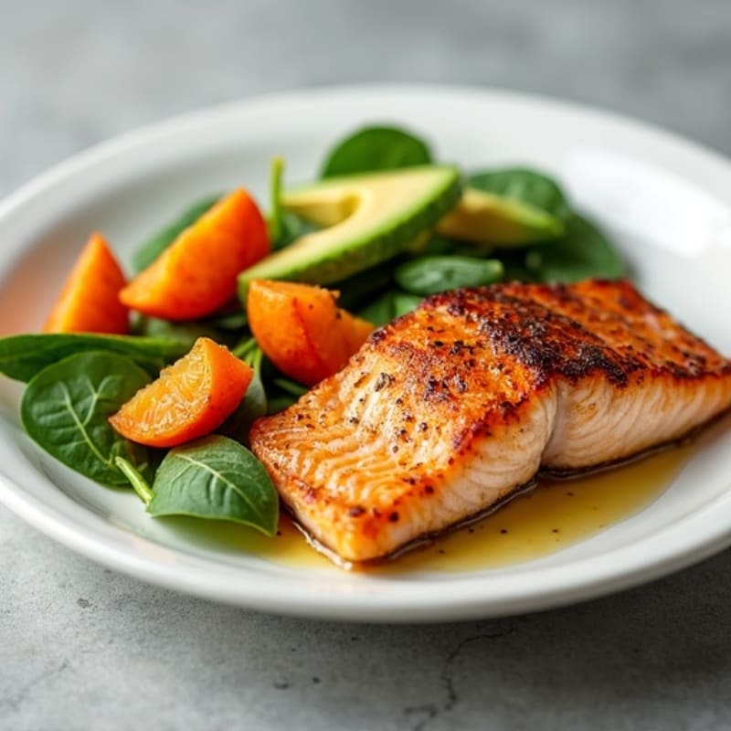 Seared Salmon with Roasted Sweet Potatoes and Avocado Salad