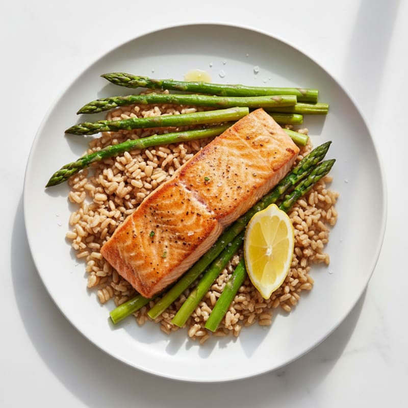 Seared Salmon Fillet with Steamed Asparagus and Brown Rice