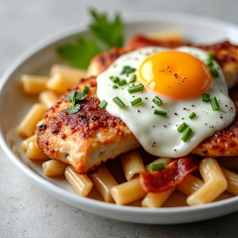 Lean Chicken and Whole Wheat Pasta with Creamy Egg Sauce and Crispy Turkey Bacon
