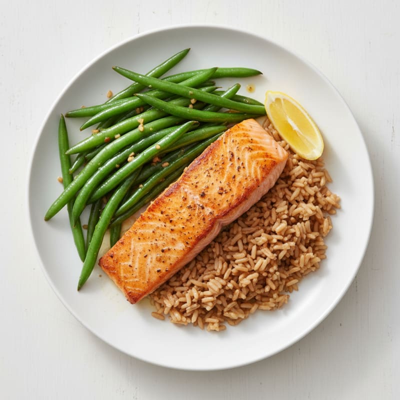 Seared Salmon with Garlic Green Beans and Brown Rice