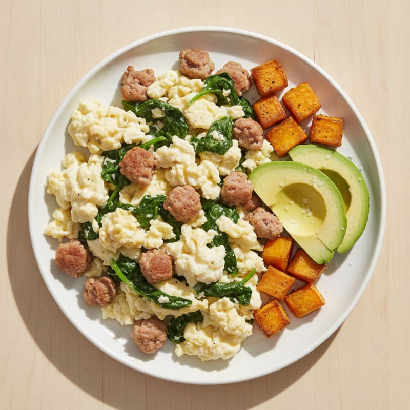 Egg White Scramble with Turkey Sausage and Spinach