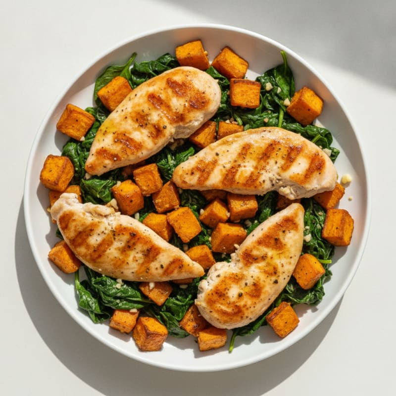 Chicken Tenderloin with Roasted Sweet Potatoes and Spinach