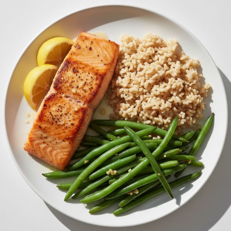 Seared Salmon with Garlic Green Beans and Brown Rice