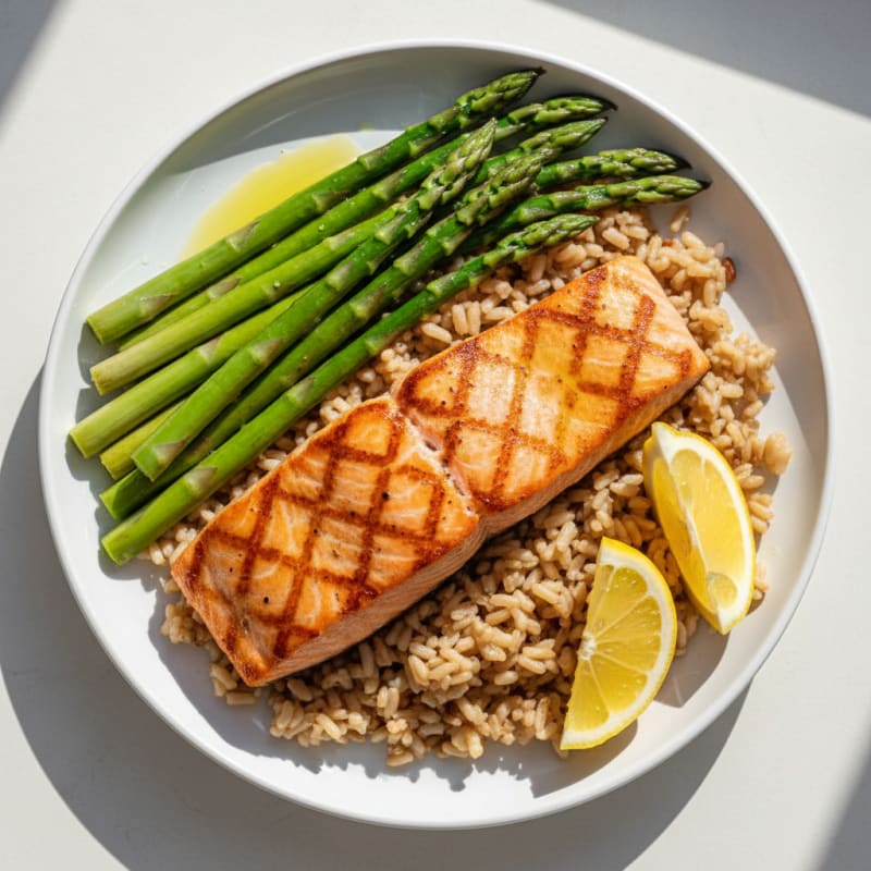Seared Salmon with Steamed Asparagus and Brown Rice